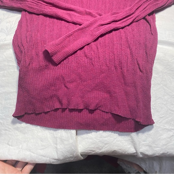 100% Cotton Love by Design Open Knit Sweater V Neck Stretch Longsleeve Fuschia M - Picture 7 of 9